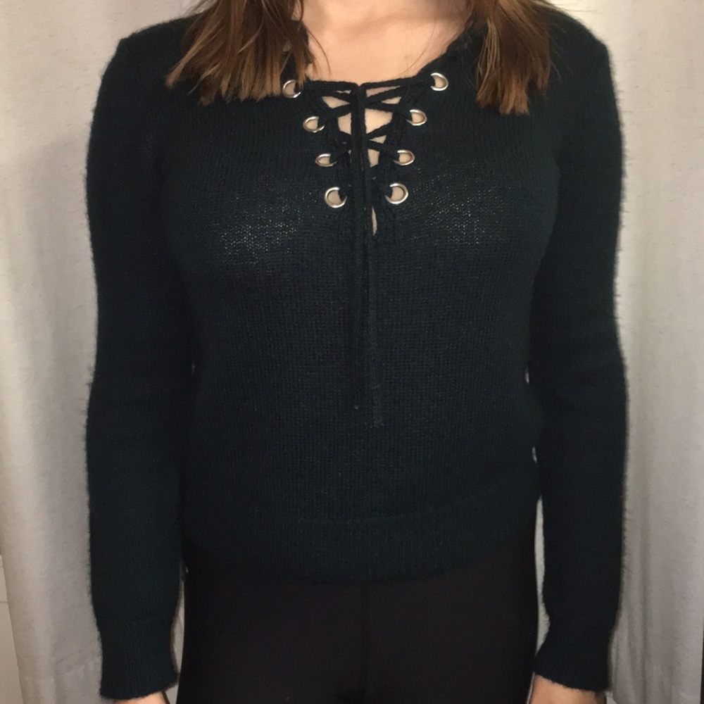 Cropped green lace up sweater